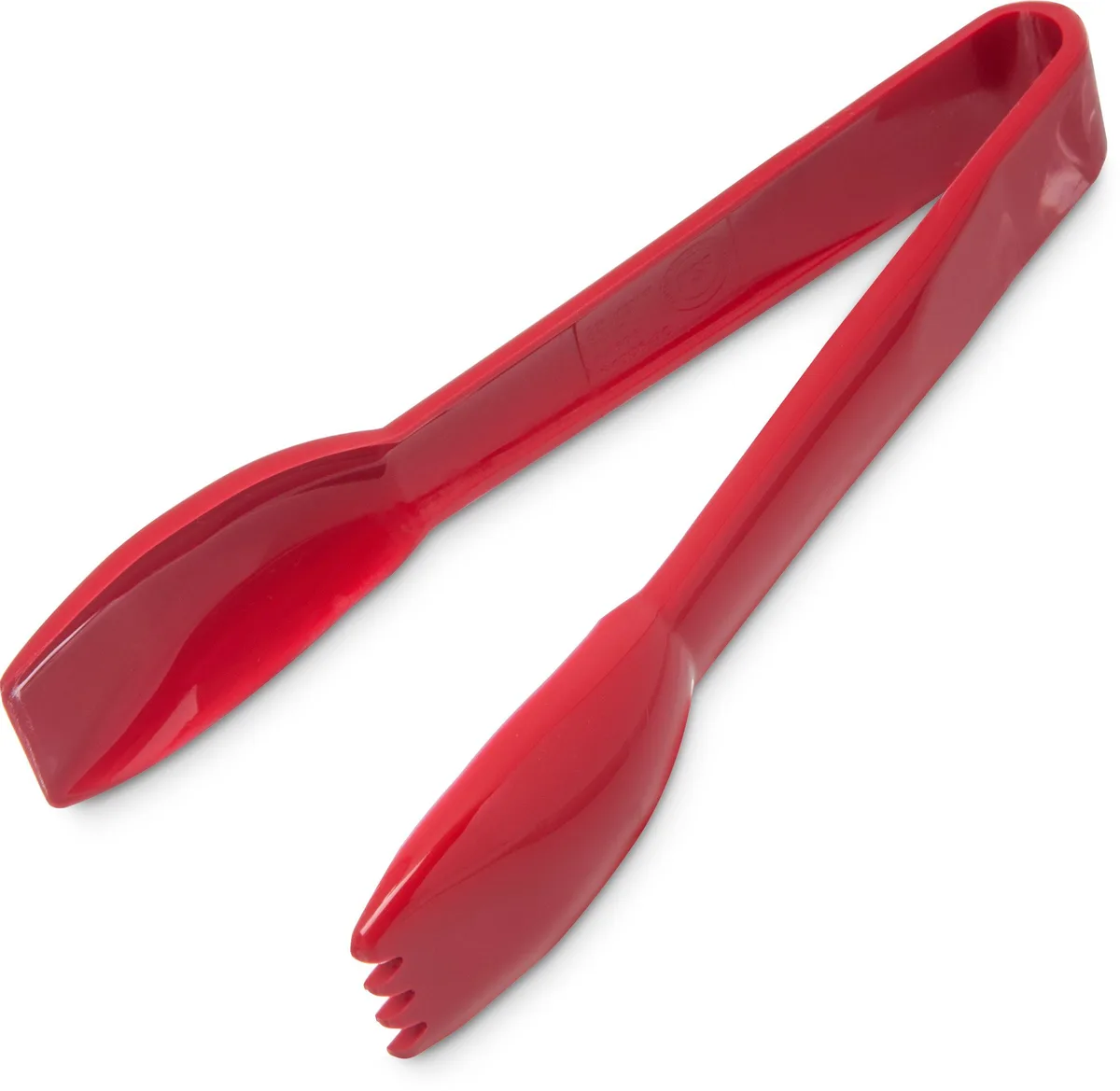 Red plastic salad tongs, plier style, six inches long