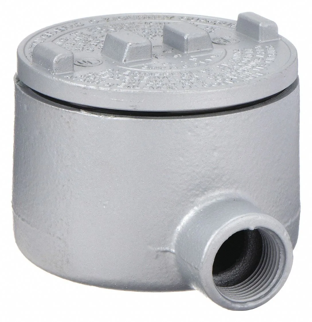 Iron conduit outlet body with threaded hubs, rectangular box shape, grey industrial finish