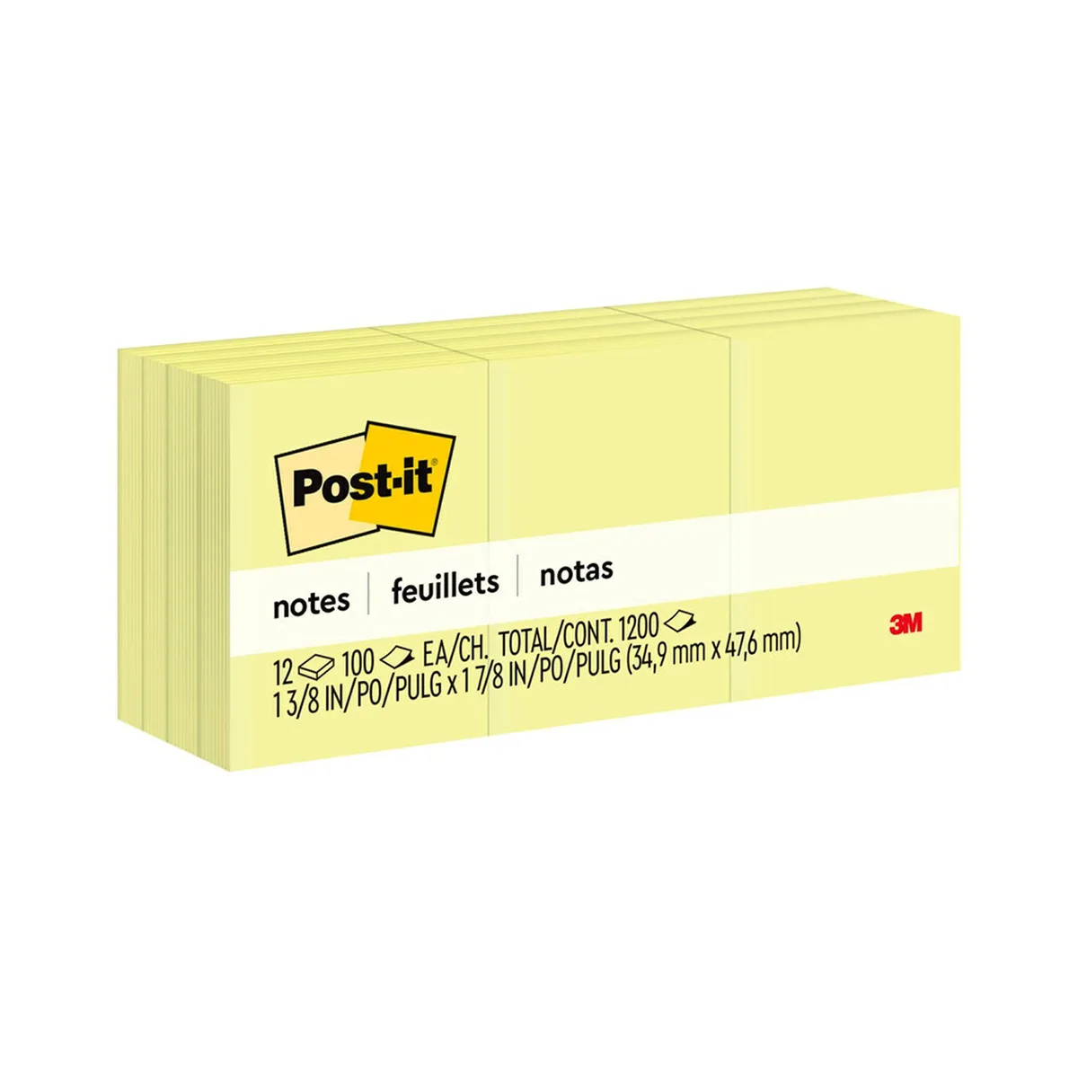 Twelve canary yellow sticky note pads in a rectangular pack