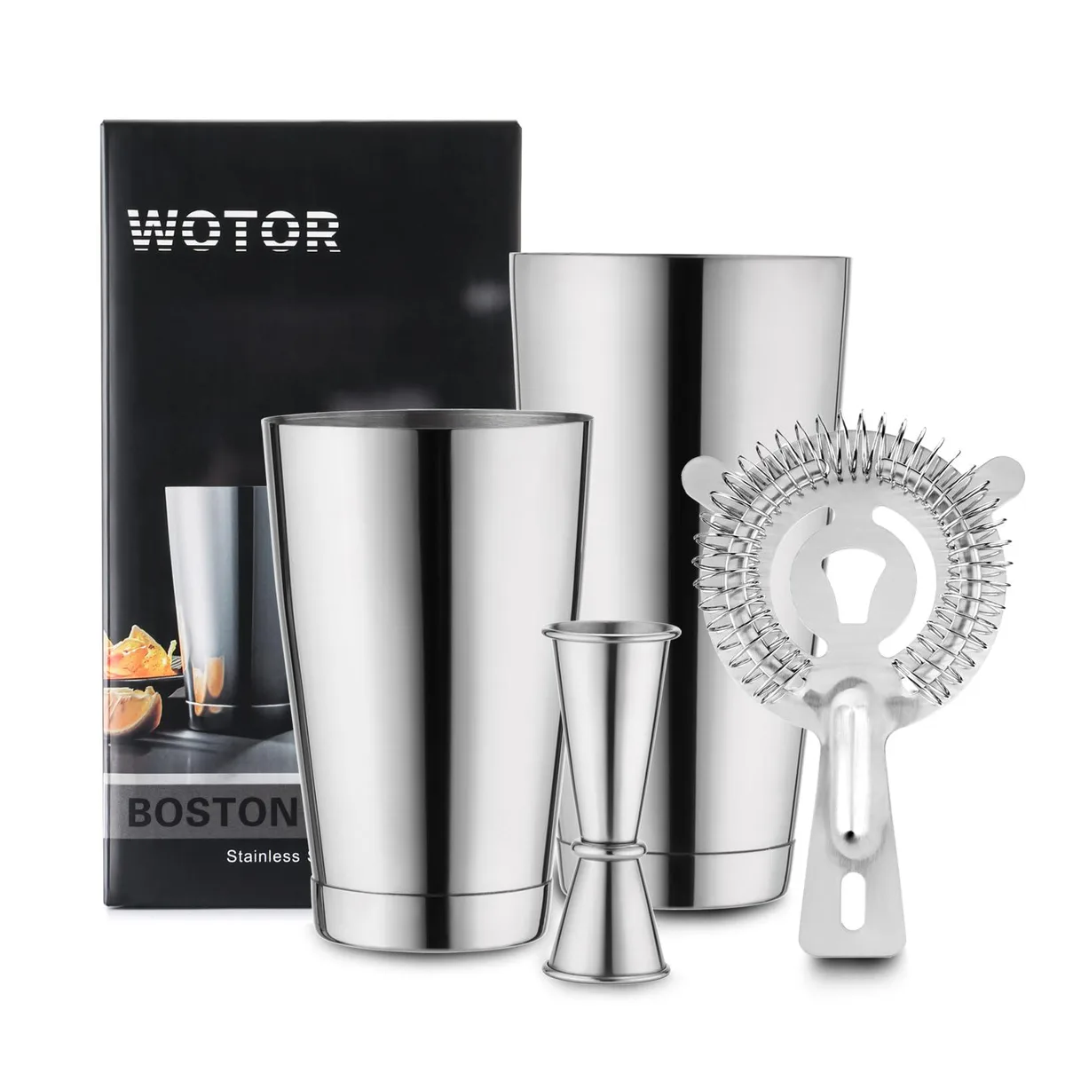 Two silver brushed stainless steel tins, 18 oz and 28 oz, with strainer and jigger