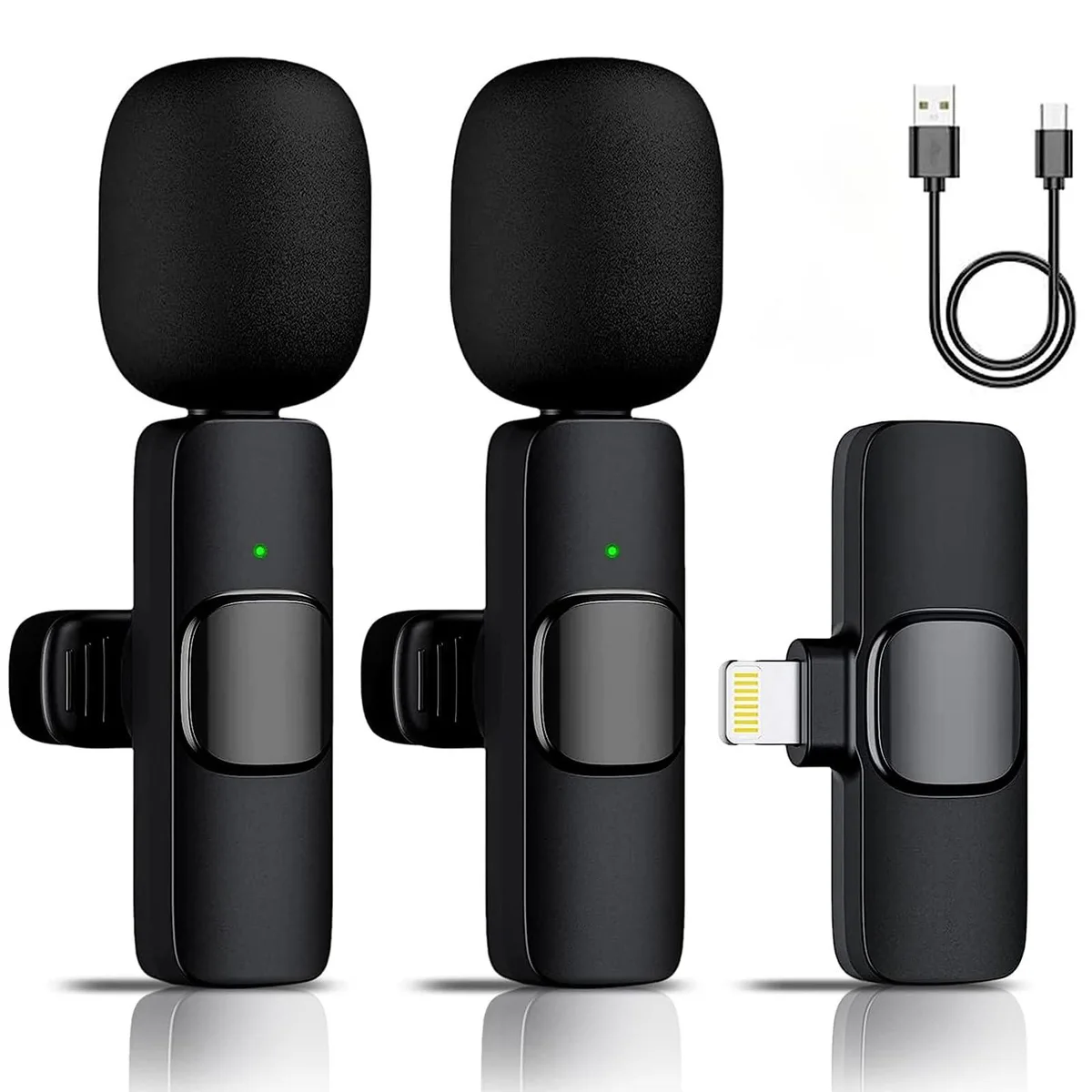 Two black clip-on wireless microphones with a Lightning receiver and windscreen foam