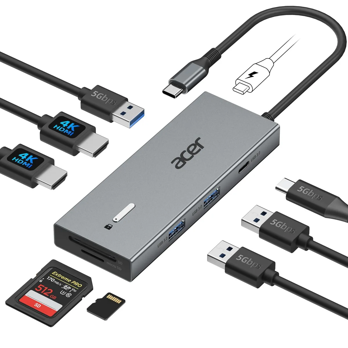 Acer ODK4K0 9-in-1 USB-C Docking Station Dual 4K@60Hz Grey — product photo