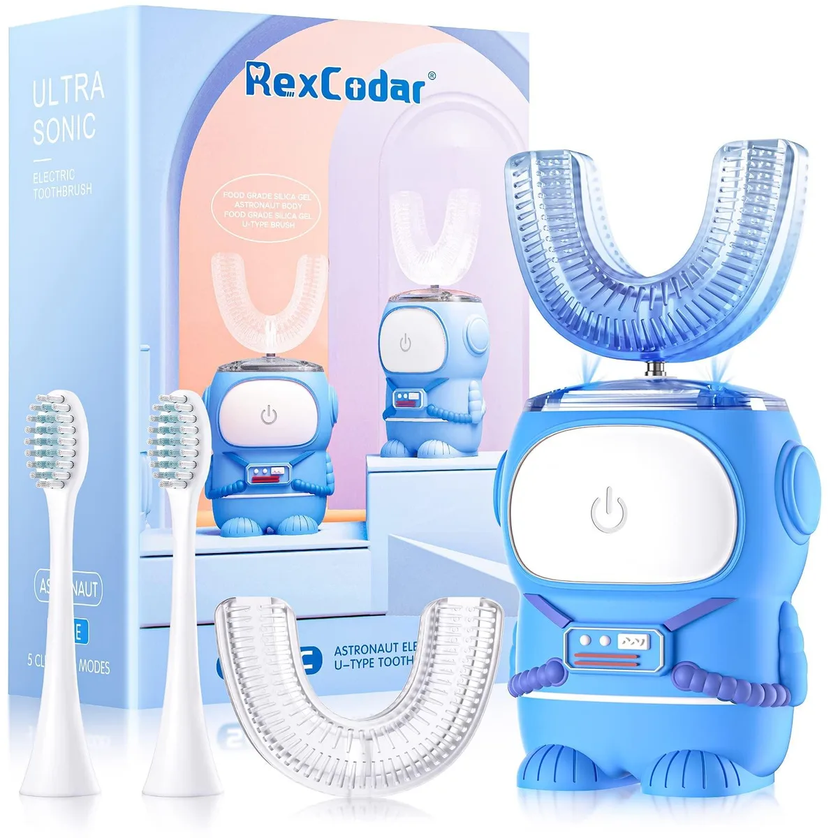 Blue U-shaped electric toothbrush with cartoon astronaut design