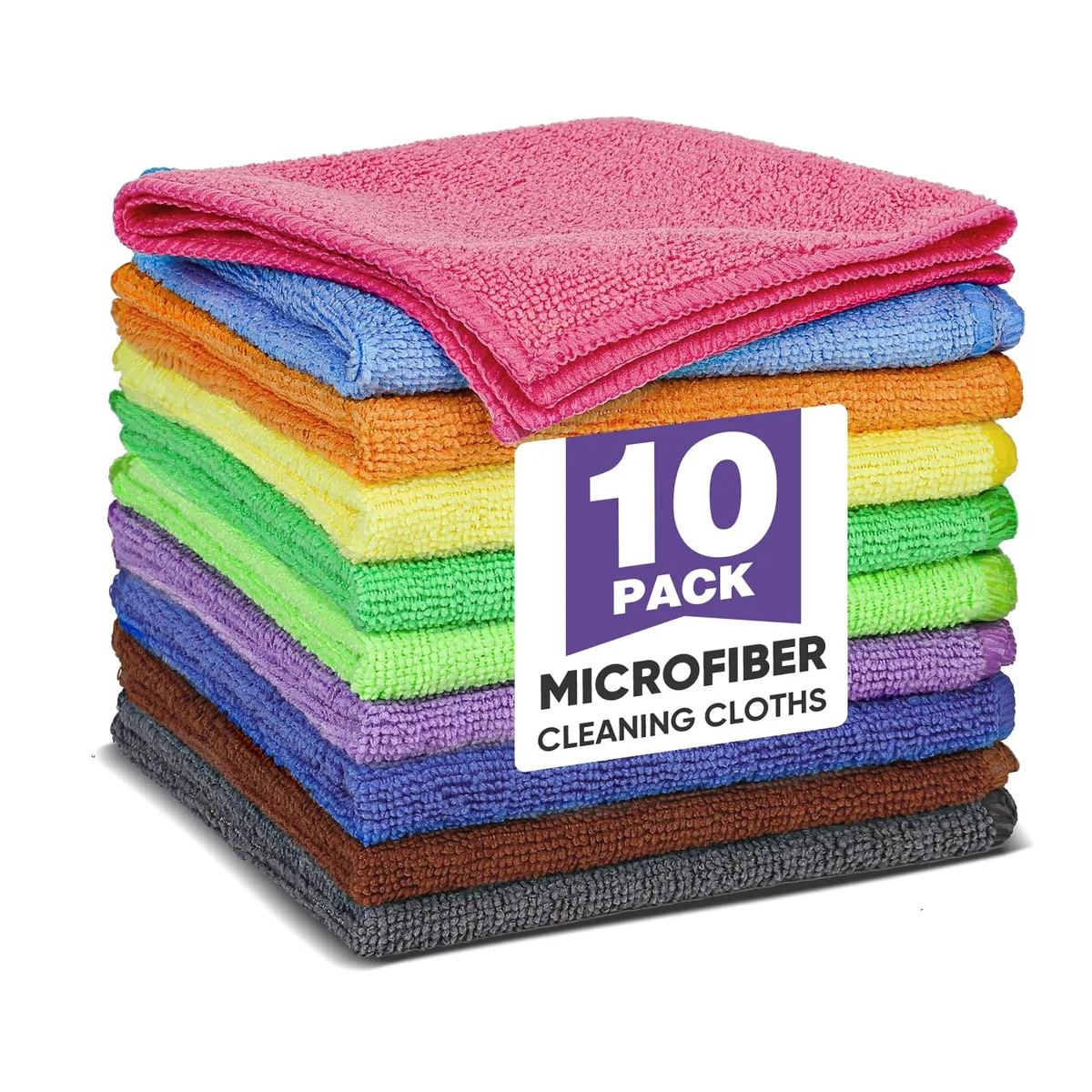 Ten assorted colour microfiber cloths stacked, each 11.8 inches square, lint free finish