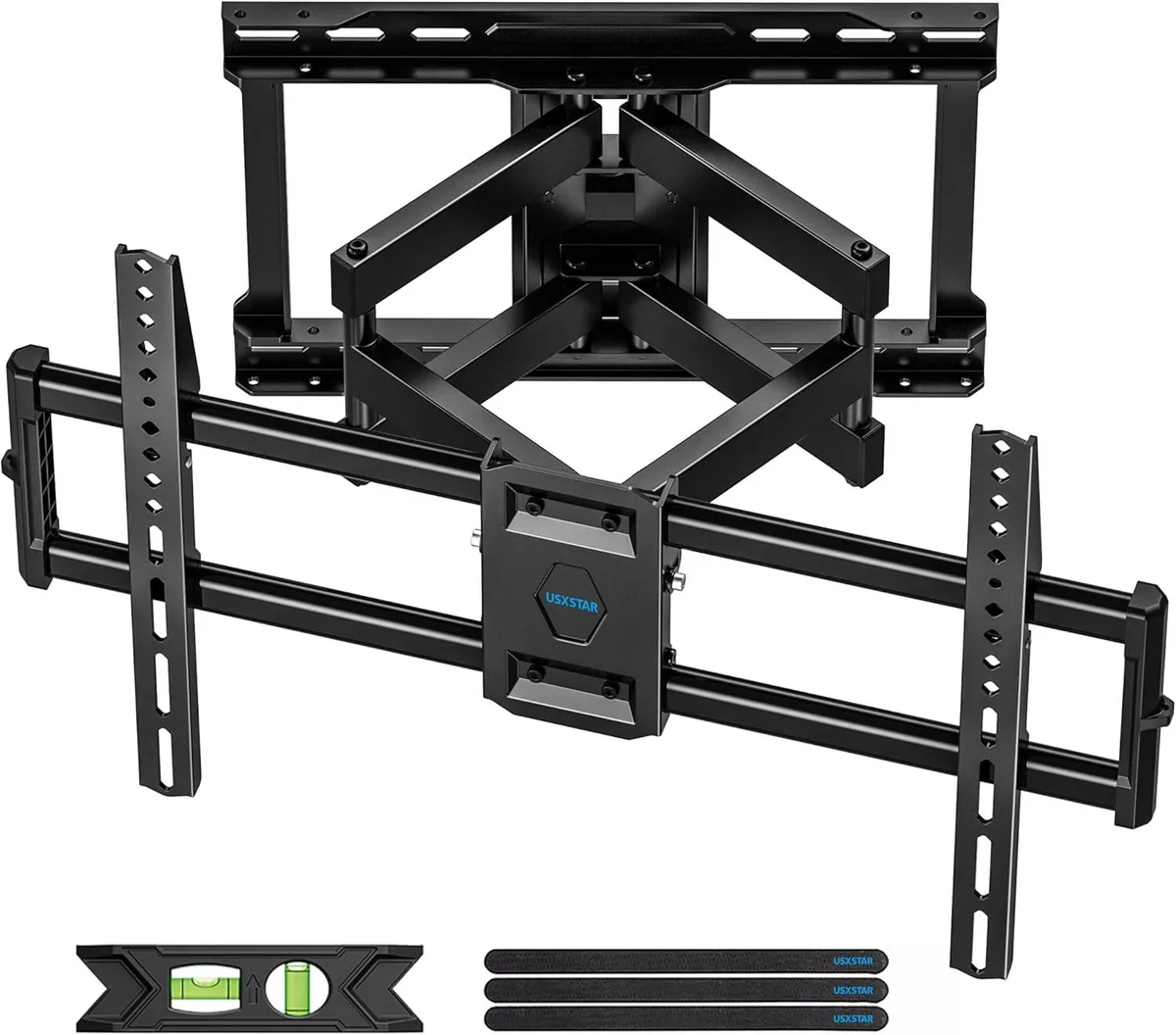 Black full-motion TV wall bracket with dual articulated arms, mounting plate and hardware