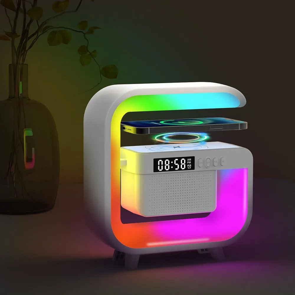 White G-shaped LED table lamp with wireless charging pad and speaker grille, 5.98 by 2.17 by 6.14 inches