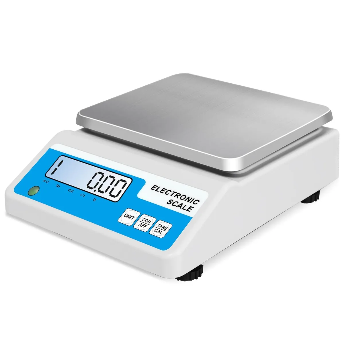 Silver digital analytical balance with stainless steel weighing pan and blue backlit LCD display
