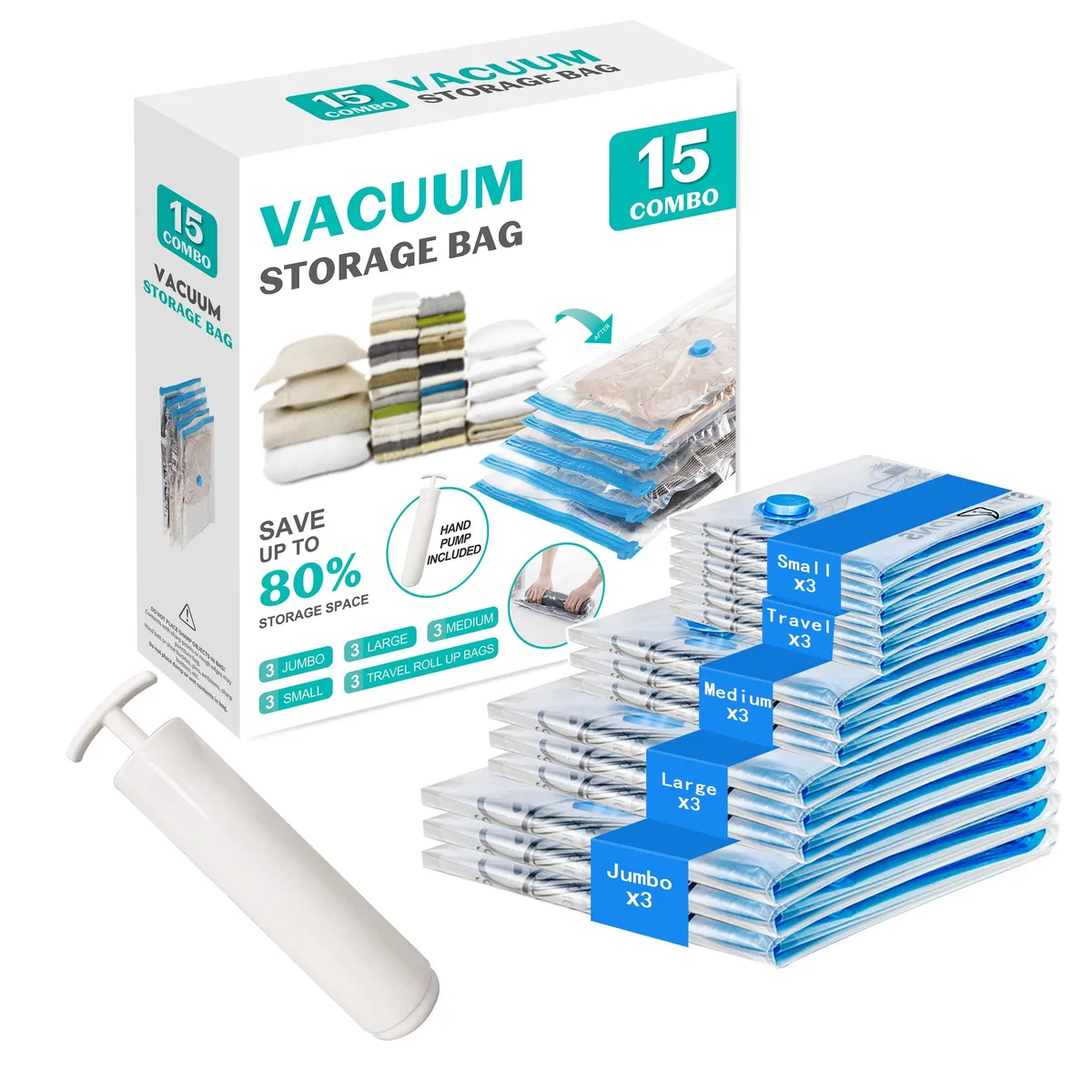 Clear rectangular vacuum storage bags in assorted sizes with a white hand pump