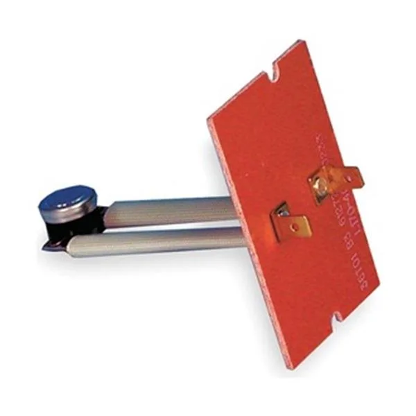 Small rectangular thermostat with metal probe and terminals