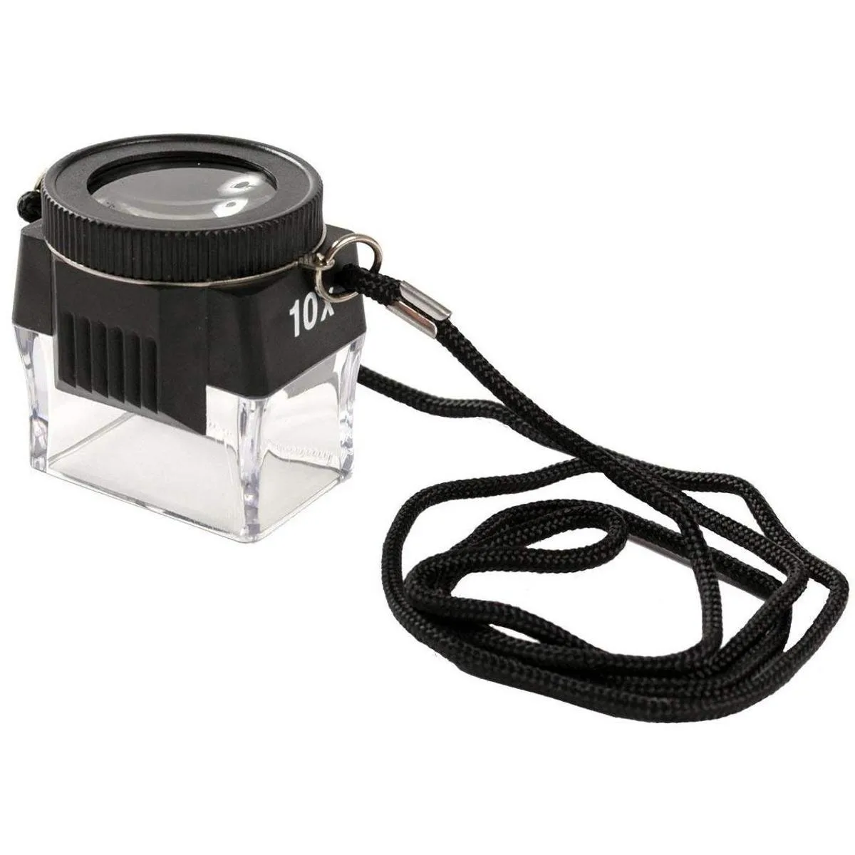 Small black loupe with rectangular 35mm by 23mm viewing window and 10X magnification