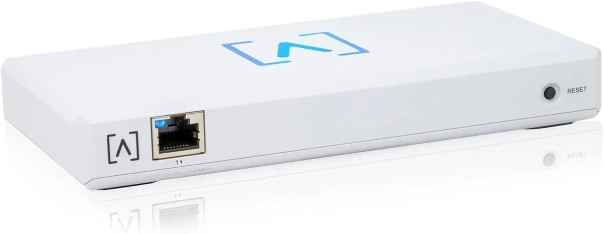 Small white rectangular network controller with Ethernet and Bluetooth interfaces, PoE+ support, measures 7.1 by 3.6 by 1 inches