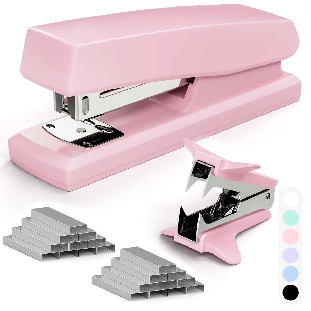 Pink desktop stapler with matching staple remover and staple strip, smooth pink finish, compact manual design