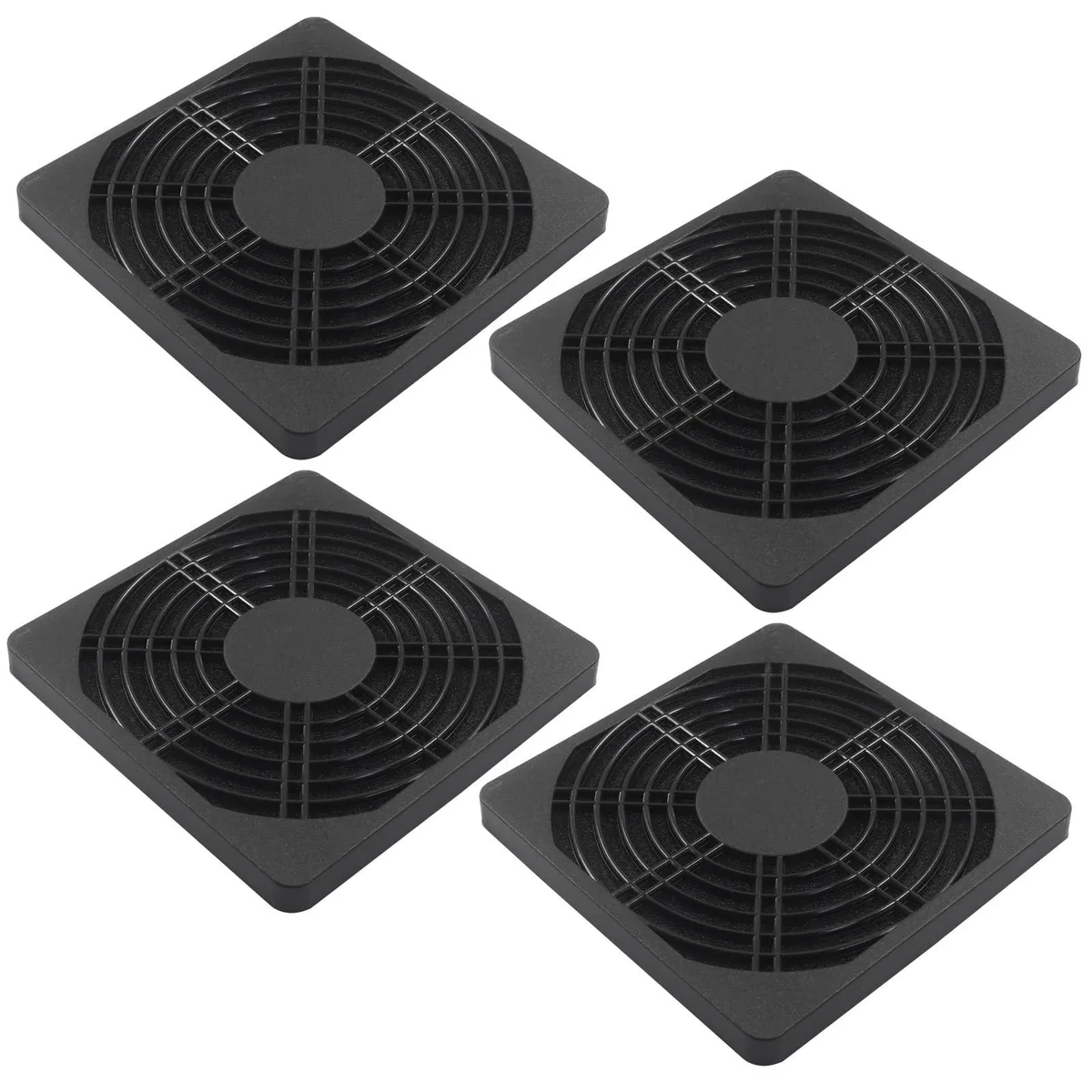 Four black square plastic fan filter covers with mesh design