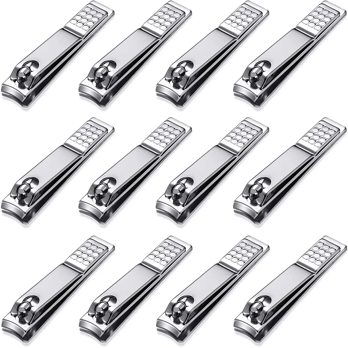 Twelve silver stainless-steel nail clippers with curved blades and longer handles, in a compact set