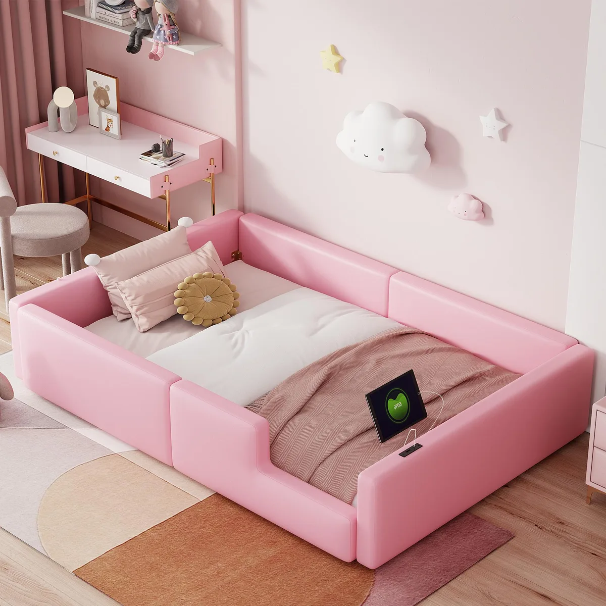 tuphen tuphen Twin Upholstered Platform Bed with Guardrail and Charging Station, Pink — product photo