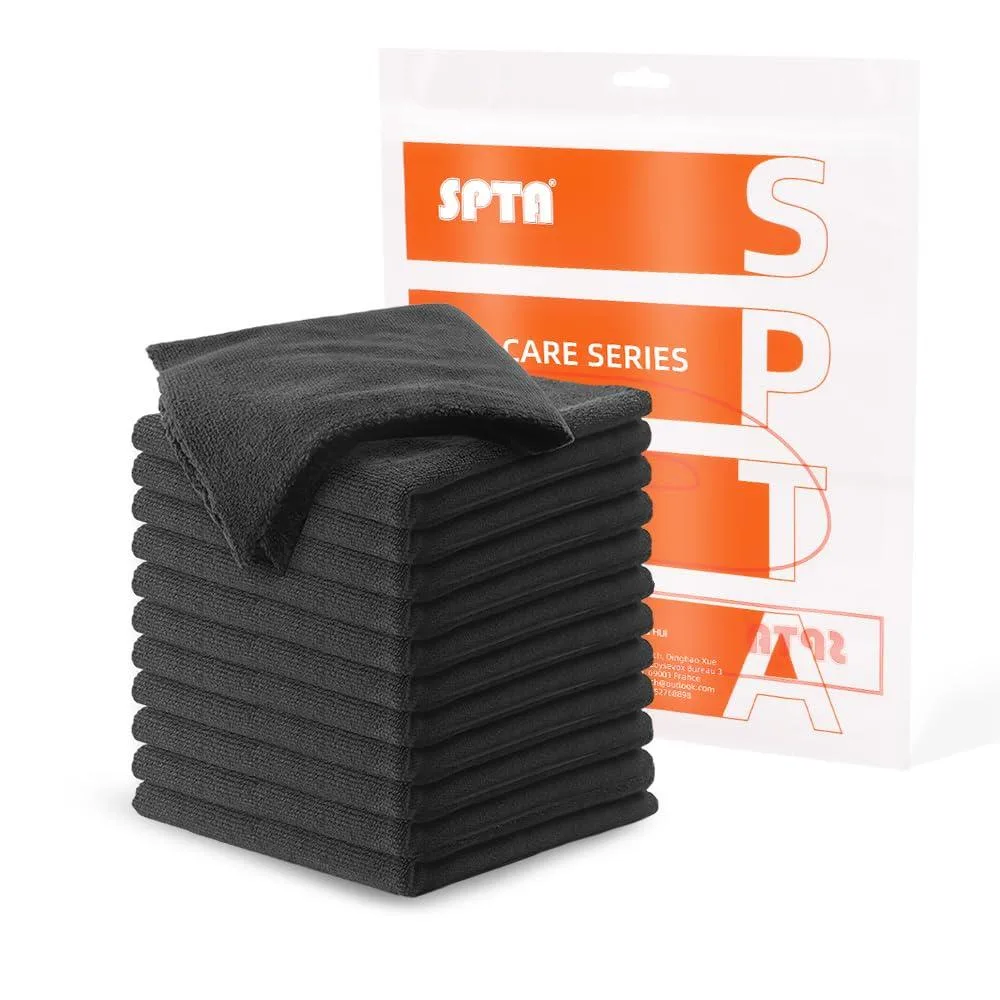 Twelve grey microfiber towels in a stack, each sixteen point one inches square with a soft terry finish