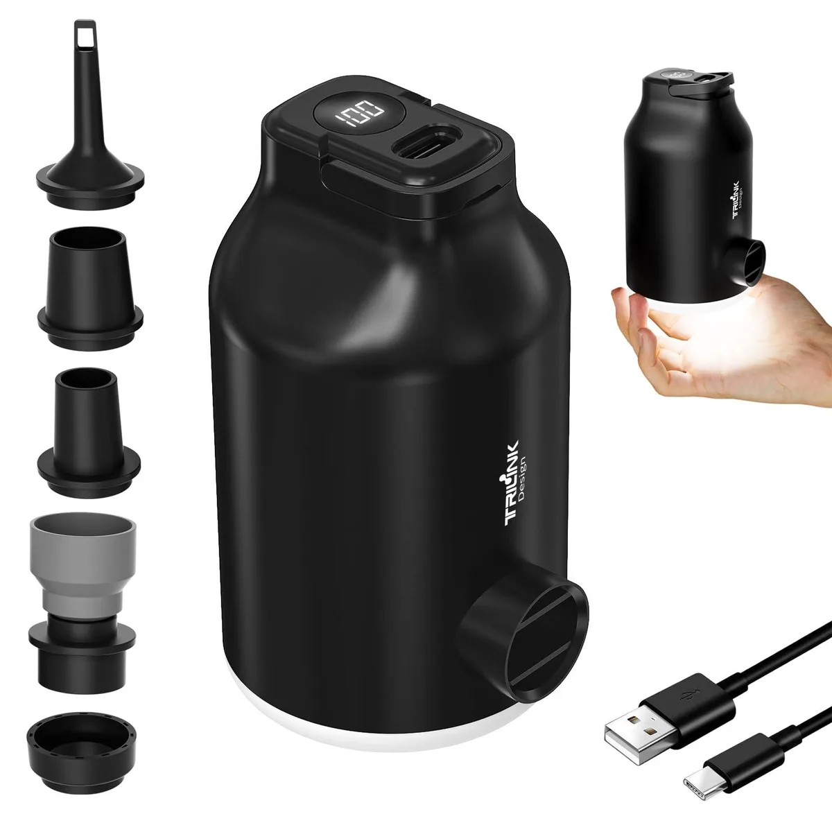 Small black cylindrical pump with nozzles and LED light