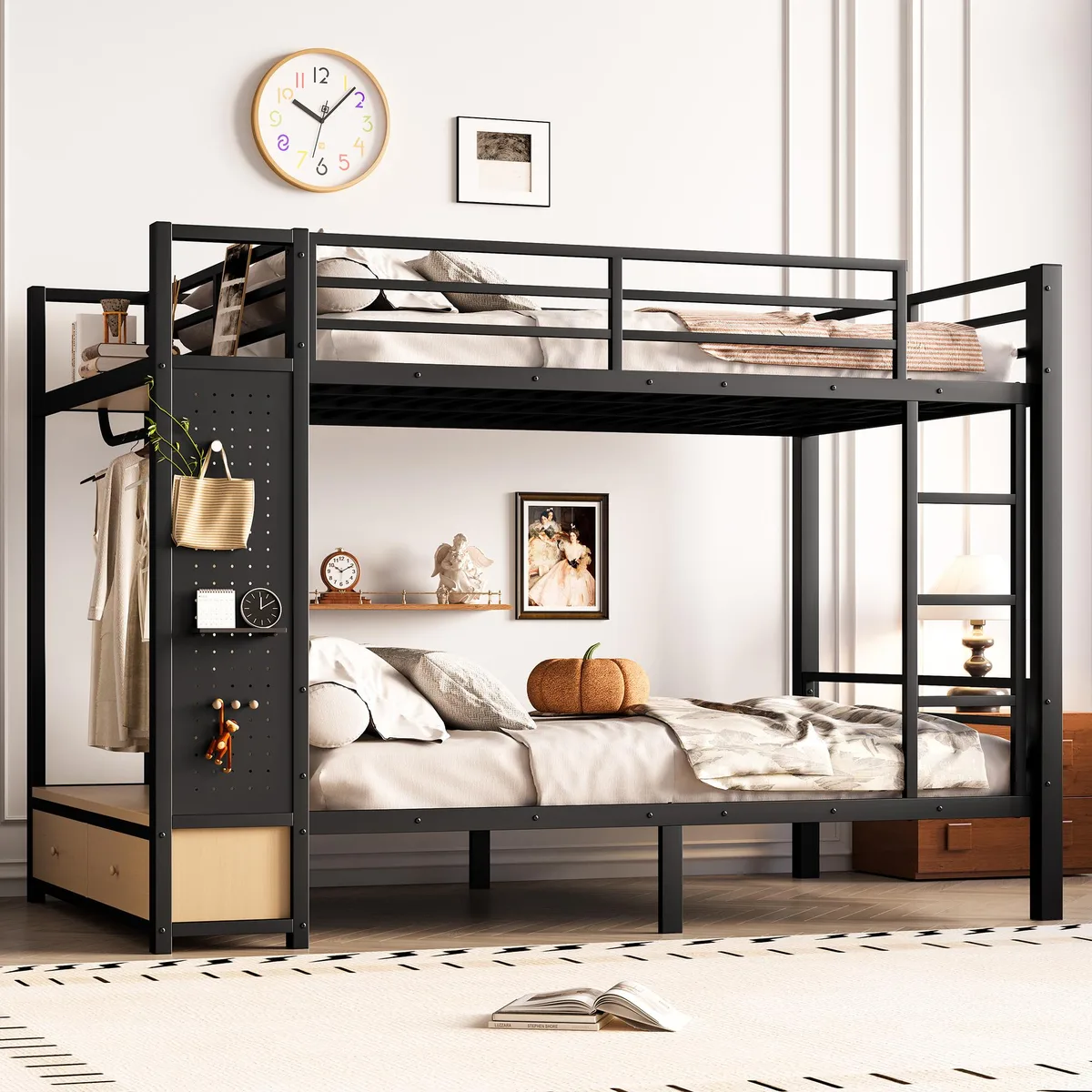 Black metal full-over-full bunk bed with shelves, drawers and side pegboard