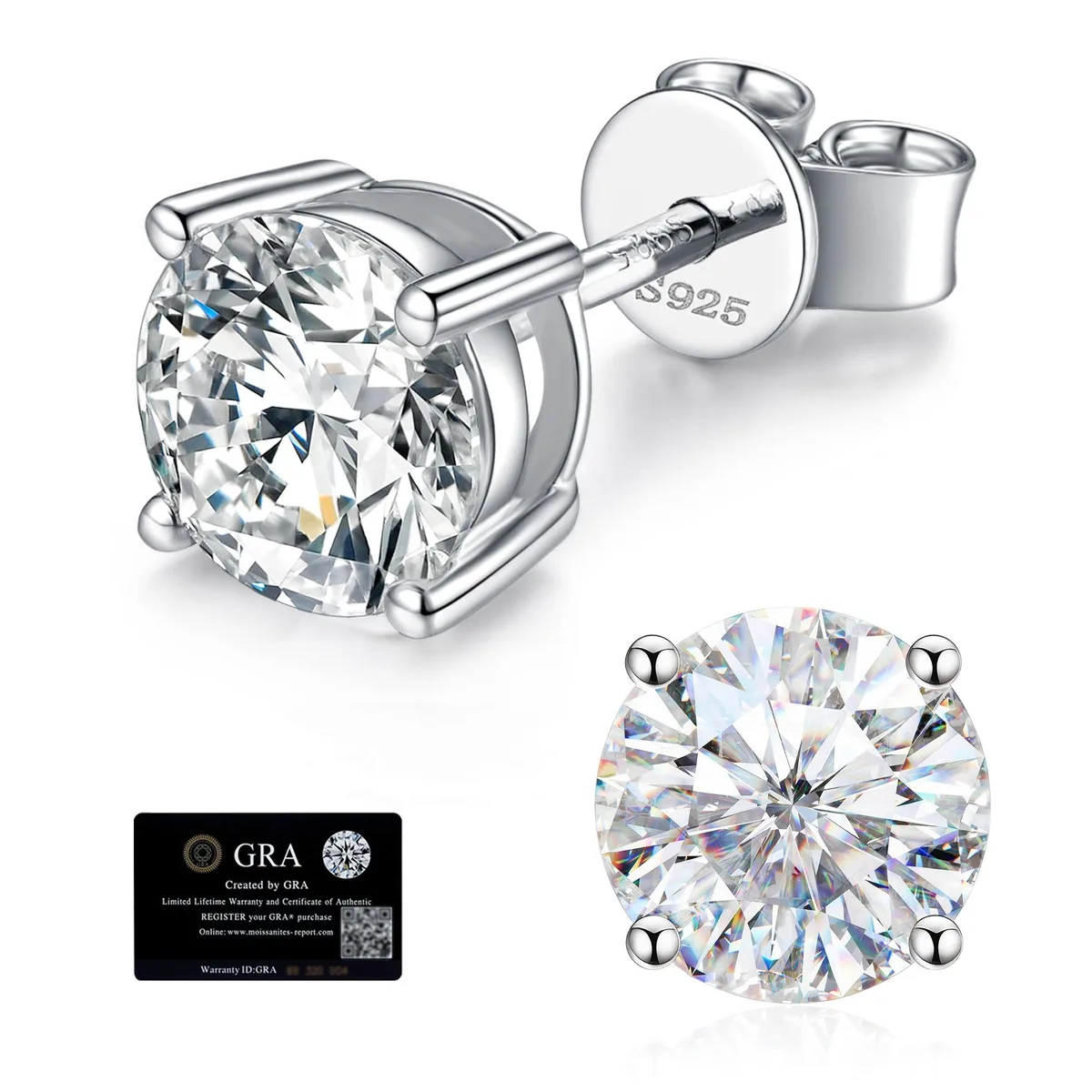 Pair of silver round moissanite stud earrings on white background
