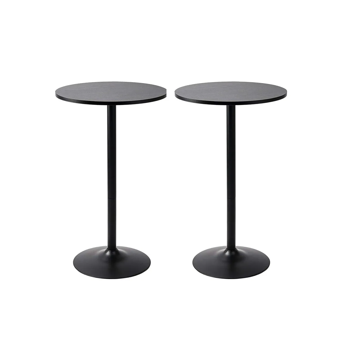 Two black round bar tables, 23.7 inch tops, 39 inches tall, metal frames, indoor outdoor use