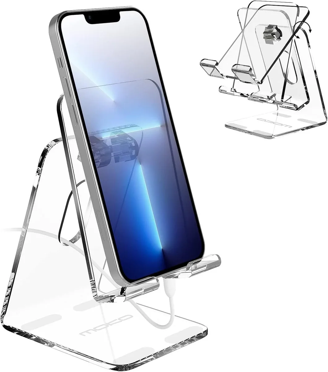 Clear acrylic tablet stand with adjustable angle, non-slip base and charging port cutout