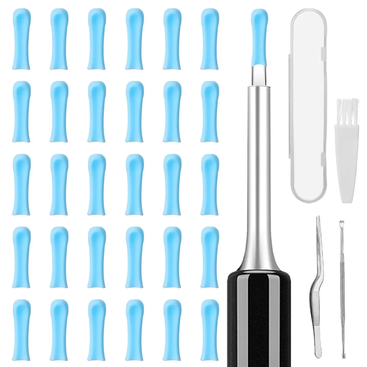 Thirty silicone ear-camera tip covers with stainless-steel spoon tweezers and brush