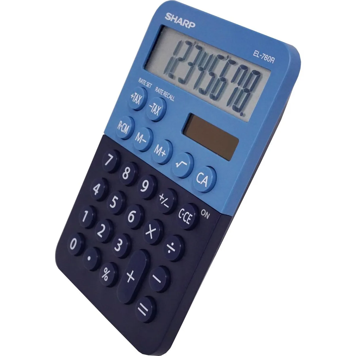 Blue desktop calculator with angled 8-digit LCD display and blue finish