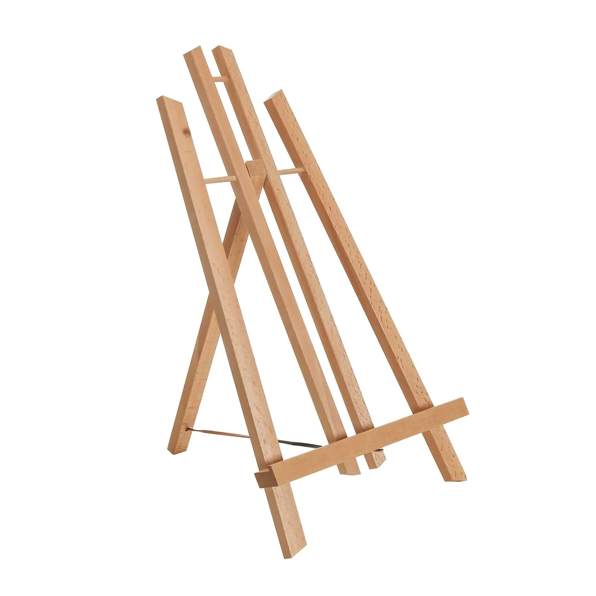 Light beechwood A-frame tabletop easel, folded flat with pull-out rear leg and canvas ledge
