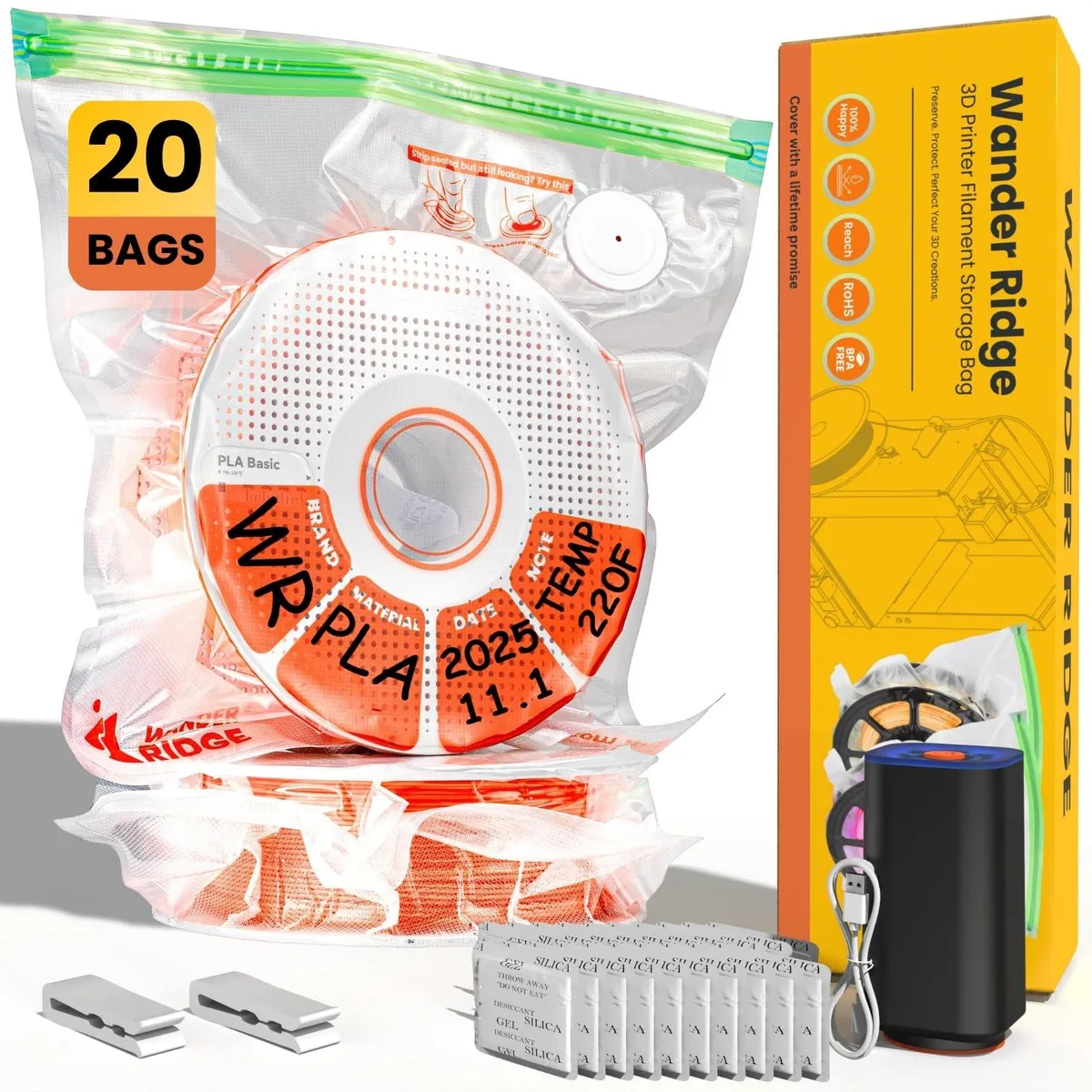 Twenty clear vacuum bags with desiccants pump and clips laid flat