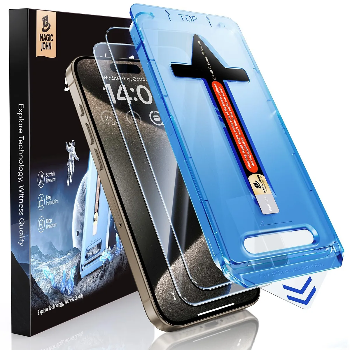 Two transparent tempered glass screen protectors with installation frame for iPhone 15 Pro Max 6.7 inch display