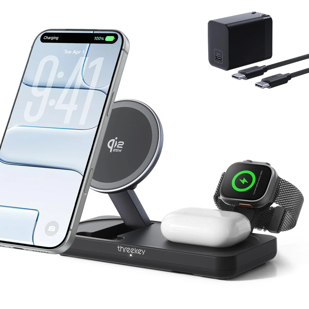 THREEKEY TK-CW304 3-in-1 Qi2 25W Wireless Charger — product photo