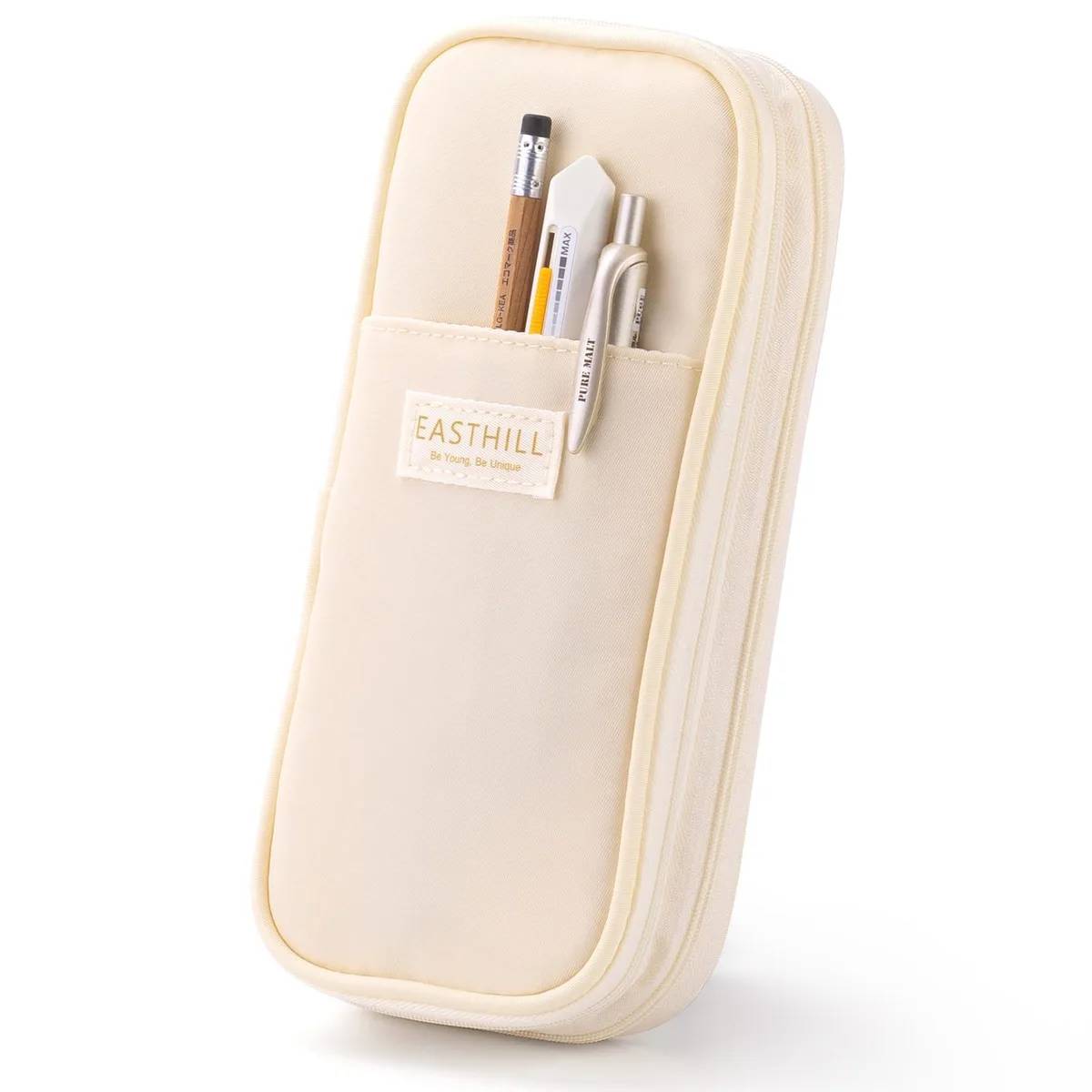 Cream polyester pencil bag, 13 inches, expandable zipper design