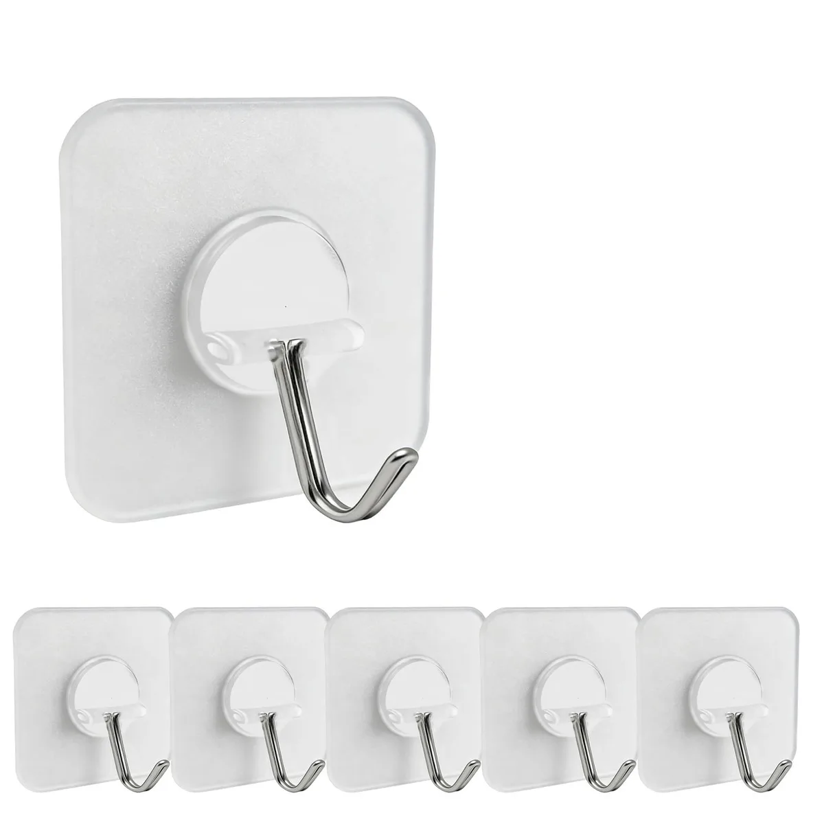 Five clear plastic adhesive hooks with smooth curved arms and flat mounting bases
