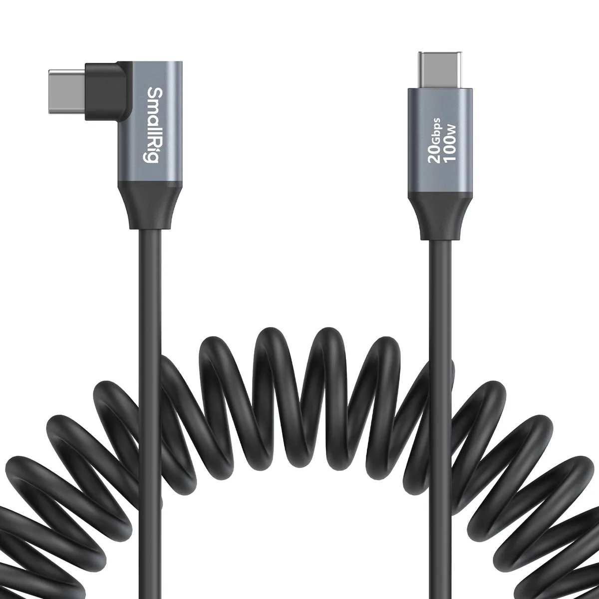 SMALLRIG 4792 coiled USB-C cable with straight and angled connectors, black TPU spring and aluminium alloy ends