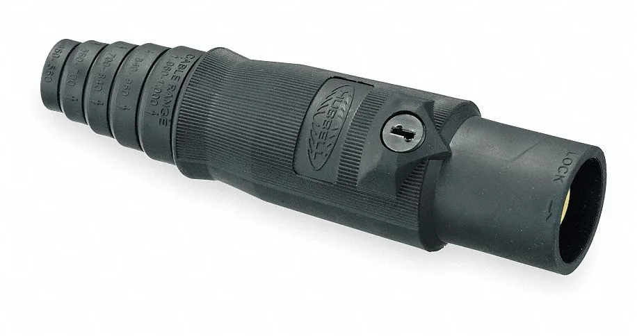 Black straight blade plug with double set screw terminals, thermoplastic elastomer body, brass conductors, 400A 600V rating