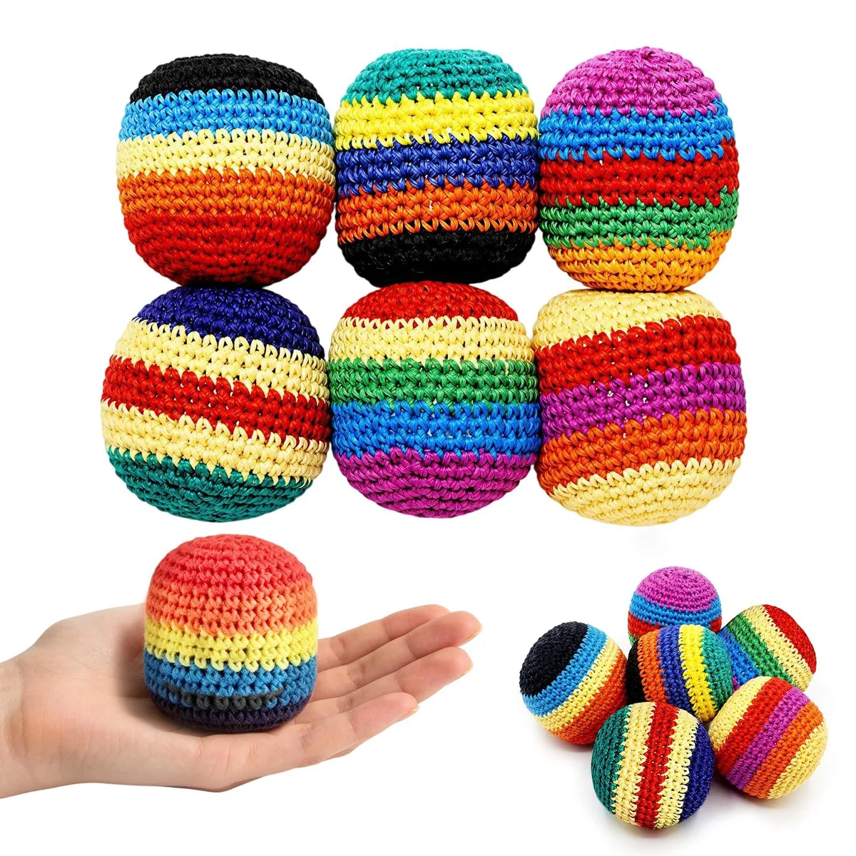 Six handmade knitted footbags with colourful geometric patterns