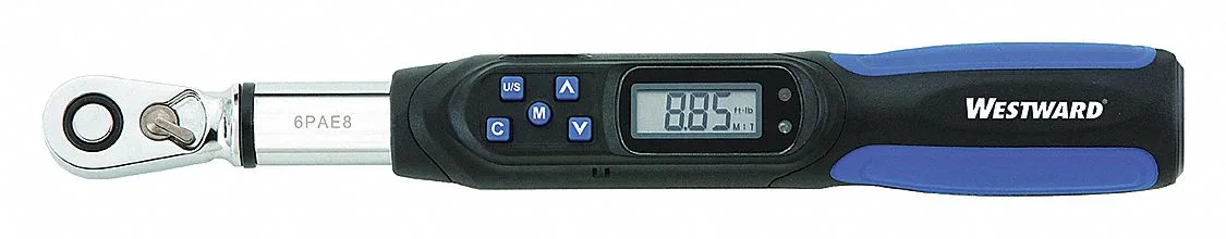 Compact electronic torque wrench, 1/4 inch drive, matte black finish with digital display