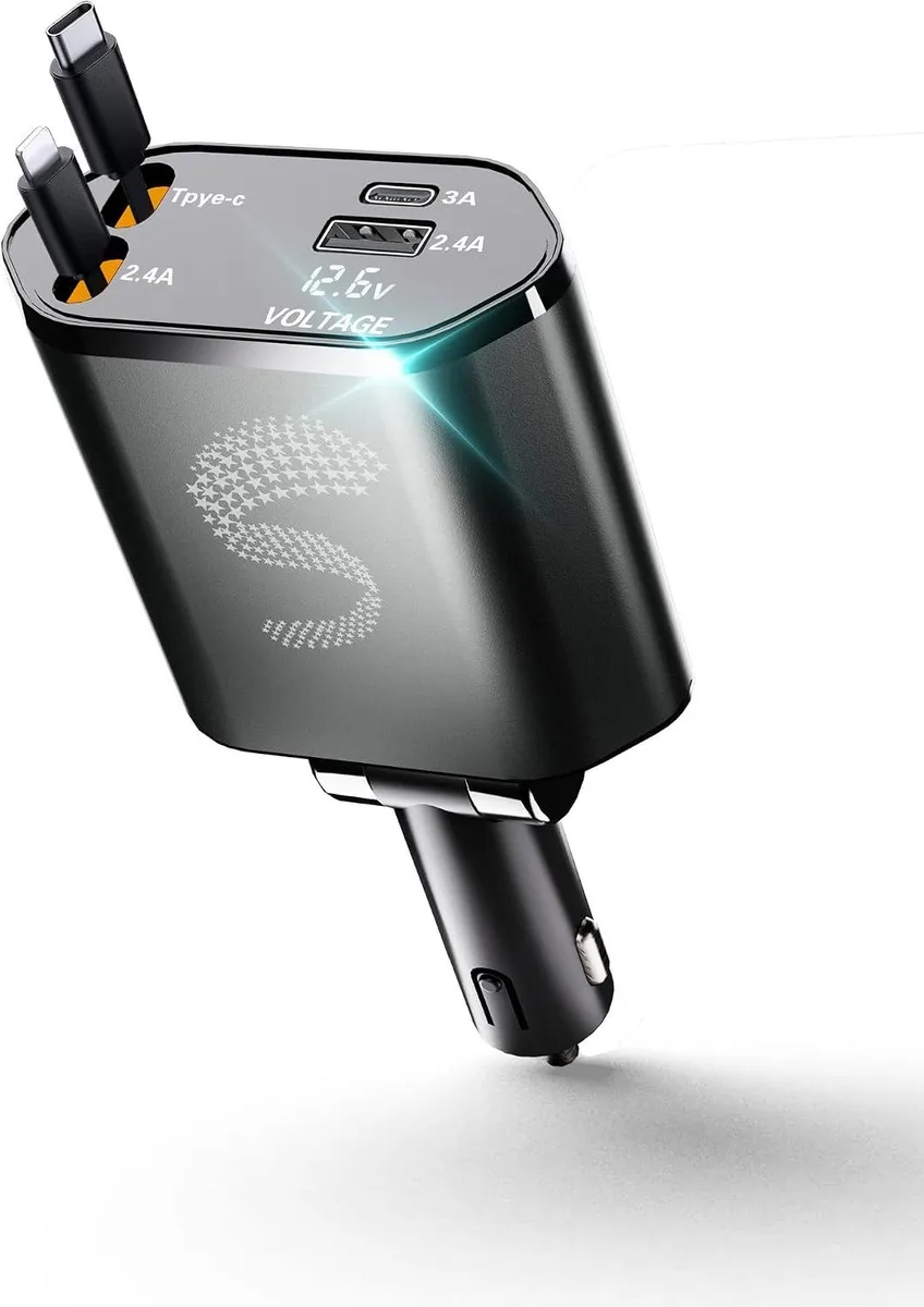 Hamzan Hamzan 120W Retractable Car Charger 4-in-1 80cm Lightning Type-C — product photo