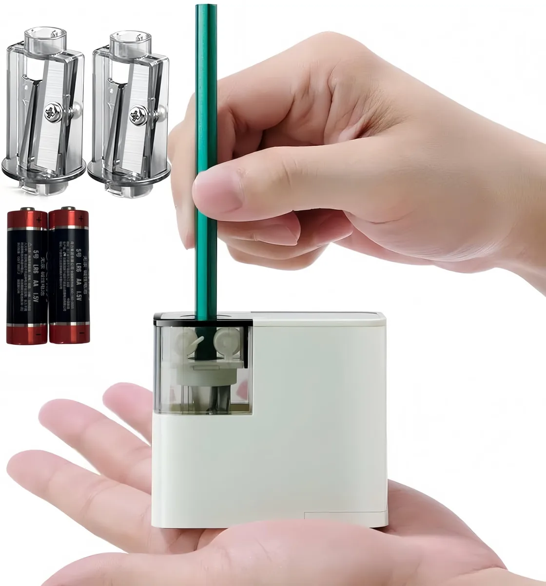 White handheld battery pencil sharpener with stainless steel blade and two replacement blades