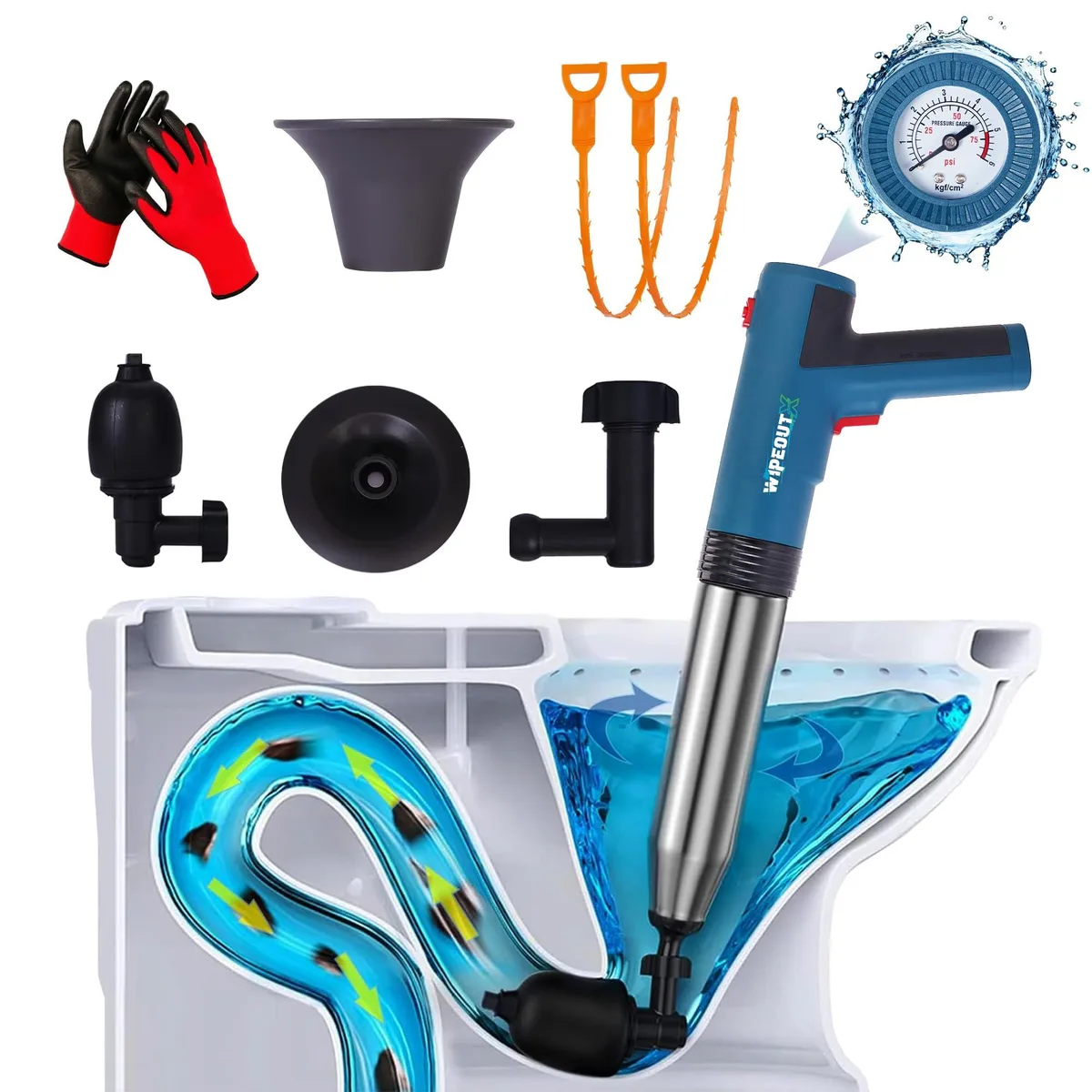 WIPEOUTX electric toilet plunger with pressure gauge and attachments