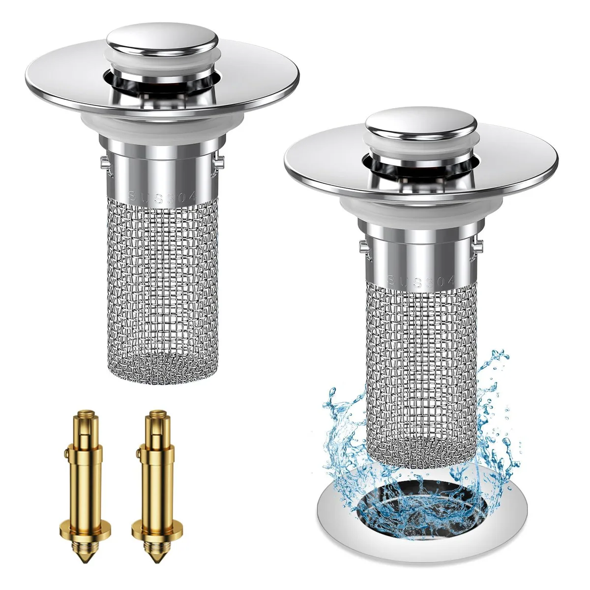 Two metallic pop-up sink drain stoppers with removable strainer baskets