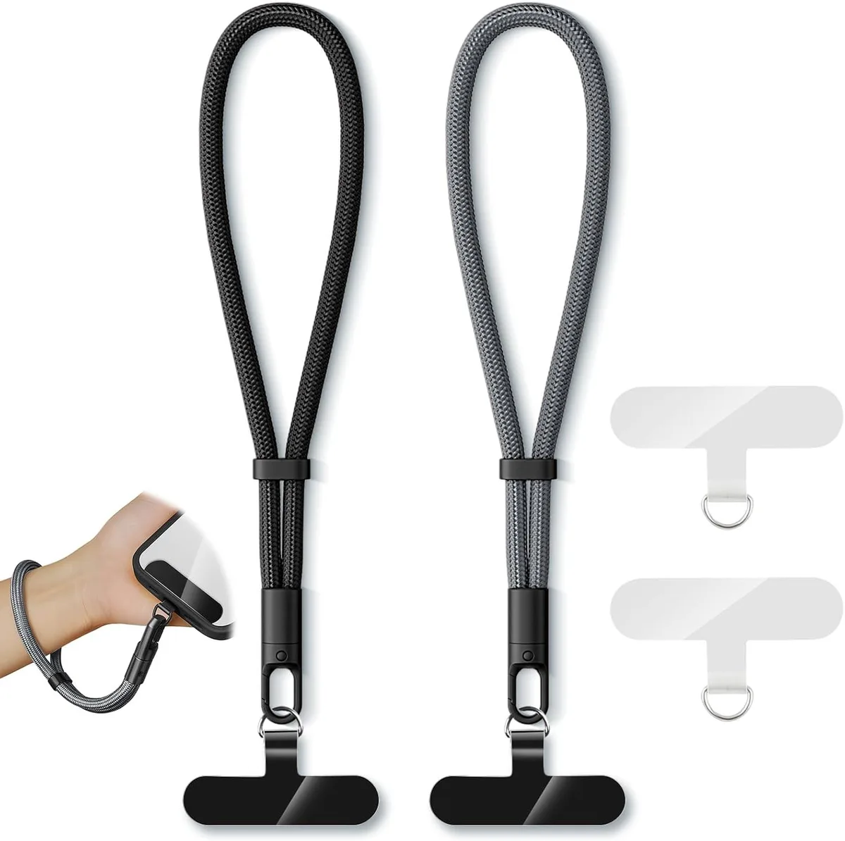 Two phone lanyards, black and grey, polyester wrist straps with tether tabs
