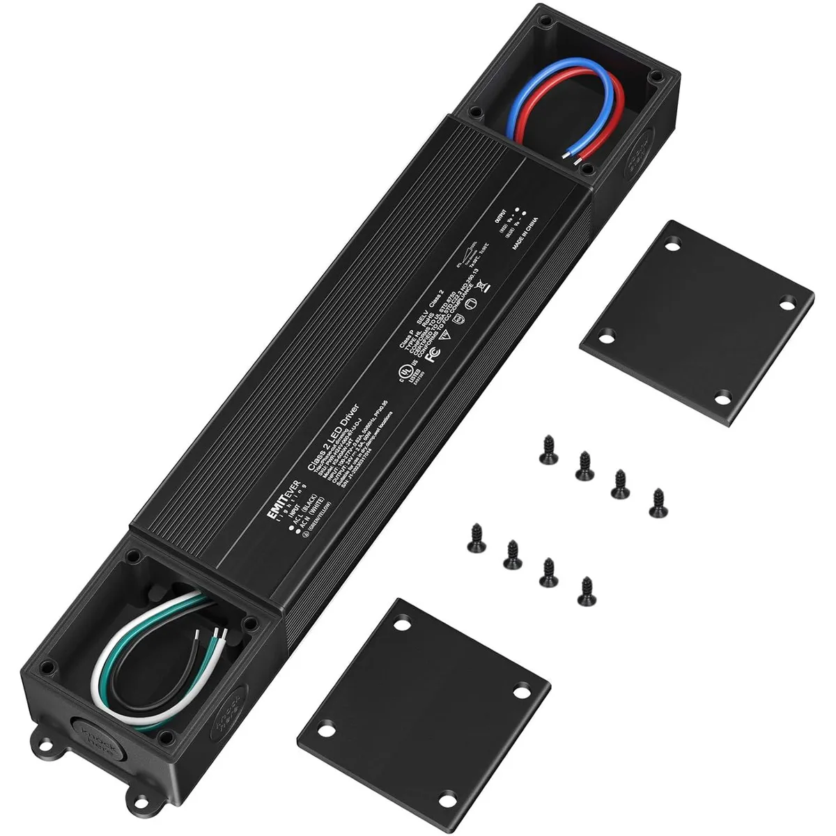 Rectangular black IP67 LED driver with red and black wires
