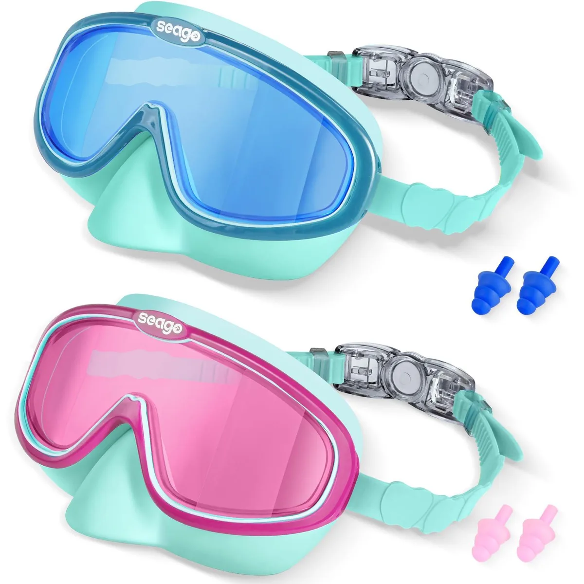 Two pairs of blue silicone swimming goggles with integrated nose pockets and wide lenses