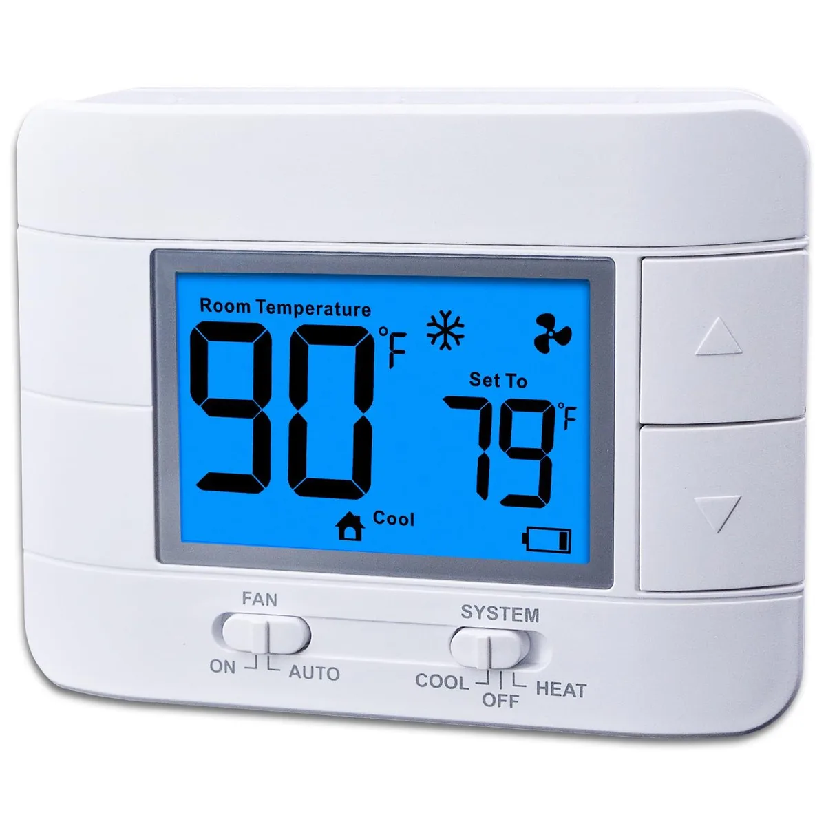 Twelve white wall thermostats with blue LCD screens in a pack