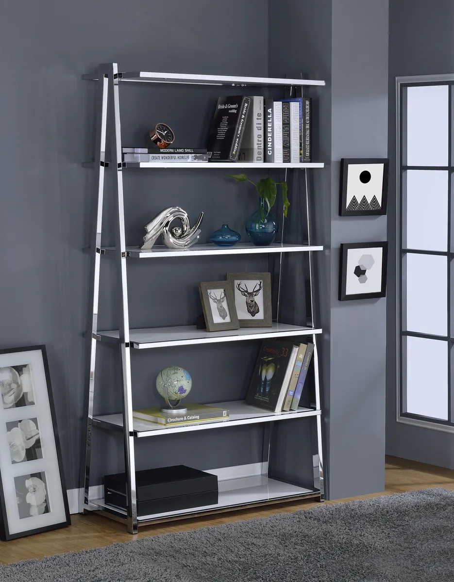 White high-gloss rectangular bookshelf with chrome metal frame and six fixed shelves