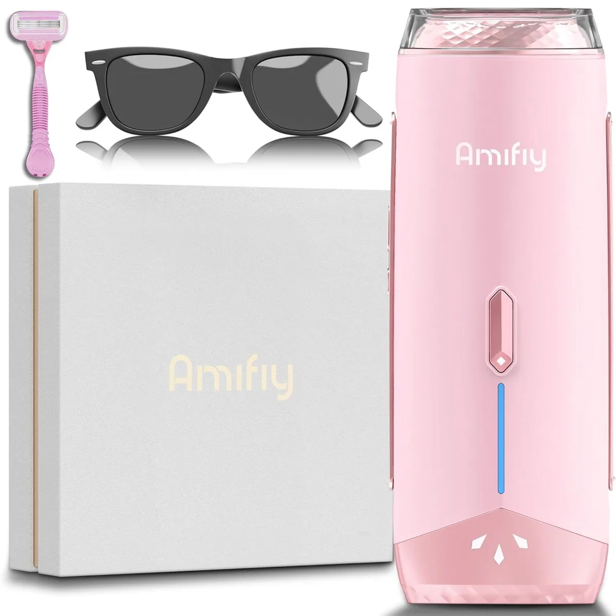 White handheld IPL hair removal device with cooling window and illuminated button