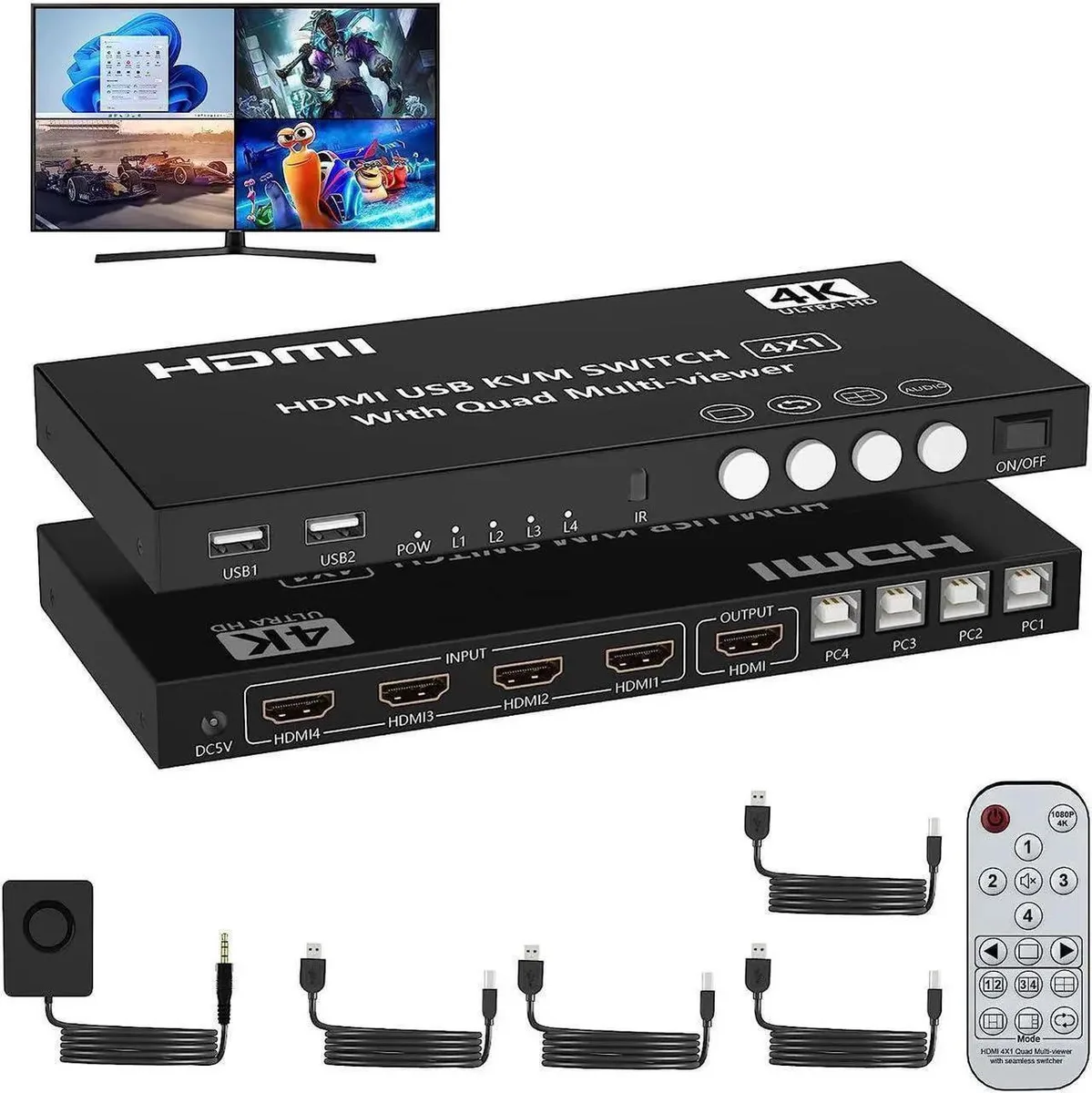 Vszerda Vszerda HDMI KVM Switch 4 Port 4K@30Hz Quad Multi-viewer IR Remote — product photo