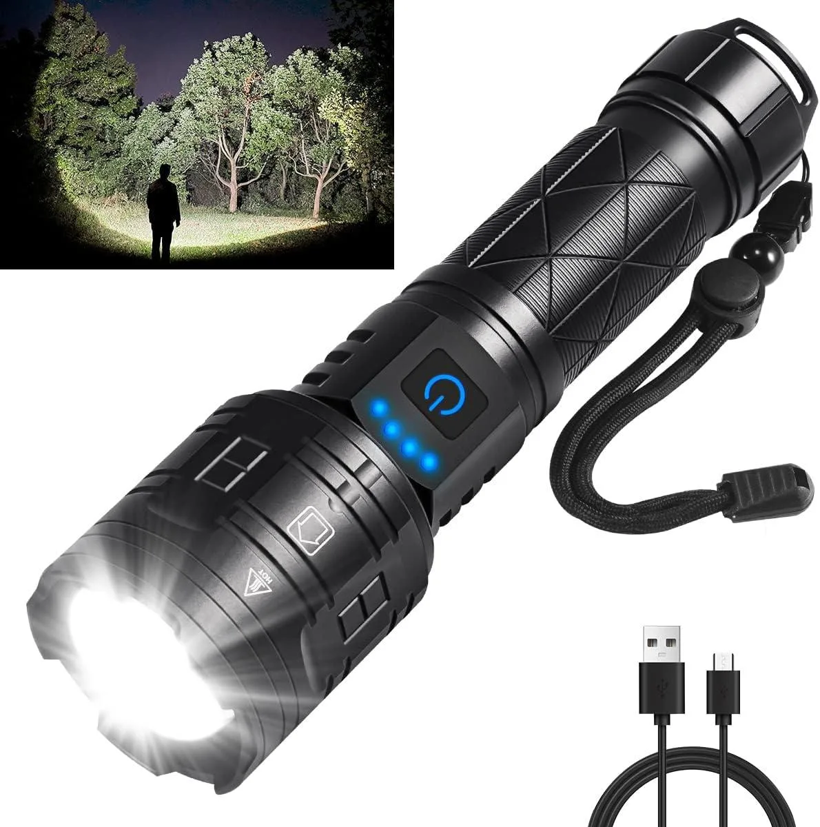 Black cylindrical rechargeable flashlight with Type-C port and adjustable focus ring