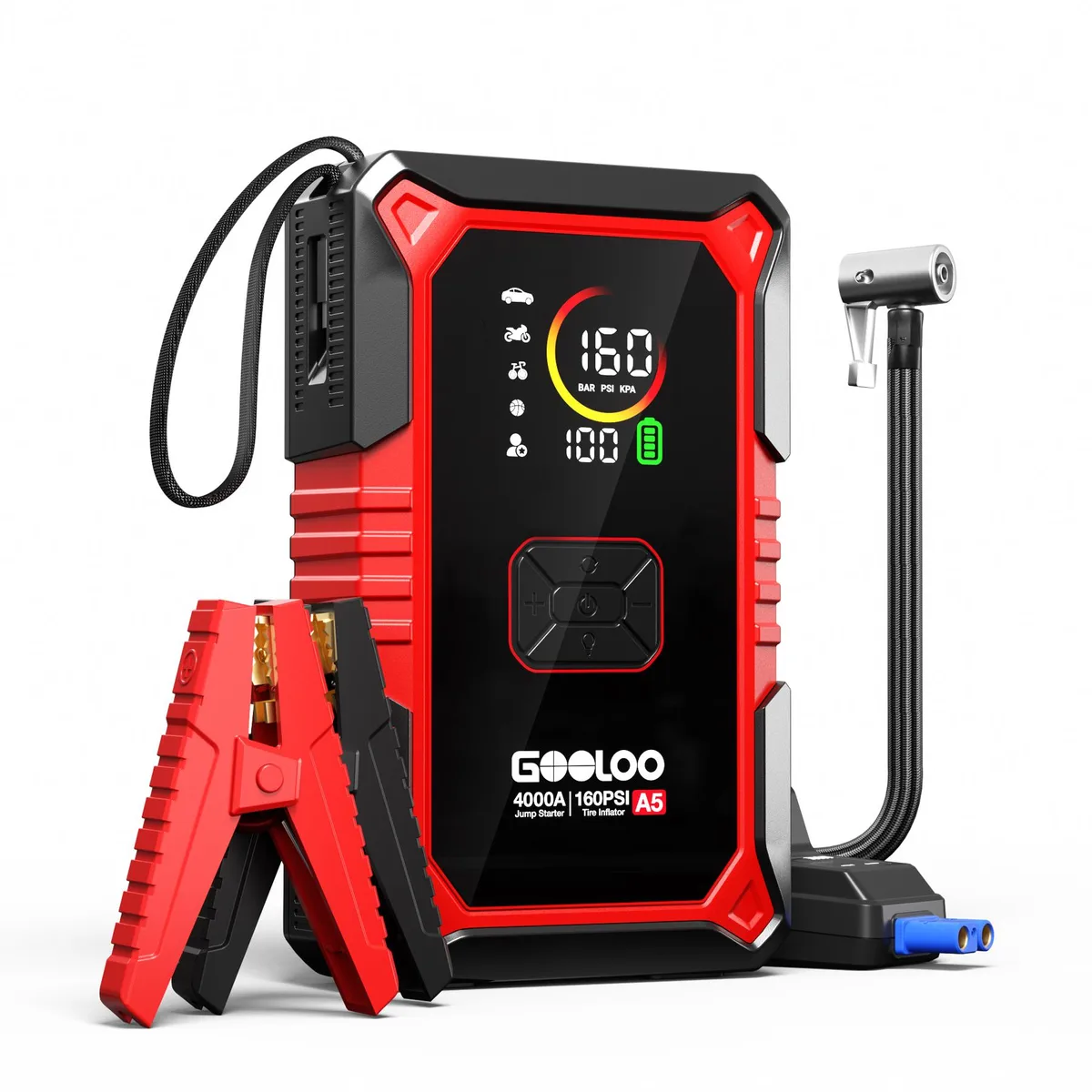 Compact orange jump starter with integrated air compressor hose and digital display